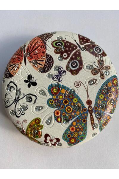 Nehir Şık Kelebek Desenli , Taşlı , Çift Taraflı, Yuvarlak  Cep , Çanta , Mak...