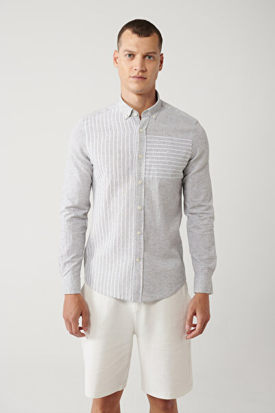 Avva Erkek Açık Gri Çizgili Garnili Keten Karışımlı Regular Fit Gömlek A41Y2066