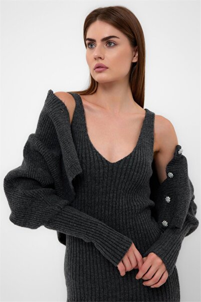 Womengrom Lefon Women's - Anthracite Long Sleeve Crop Cardigan and Dress Set