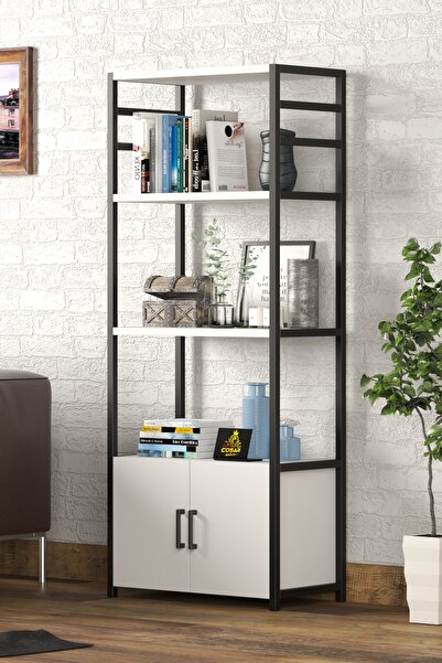 Cosargroup Dekoratif Çok Amaçlı Kitaplık 2 Kapaklı 4 Raflı Malzeme Dolabı Ofis Dosya Raf