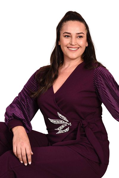 Moda Amore Set rochie de seara dublu marime plus cu maneci din catifea - frunze brodate 019
