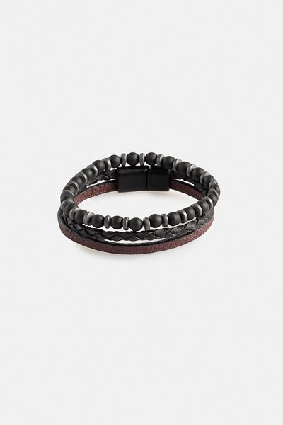 Avva Men's Black Leather and Jewelled 2-Piece Bracelet A32Y9628