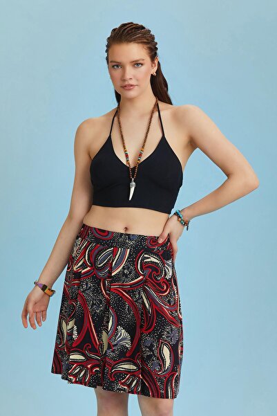 Los banditos Fusta scurtă plisată cu model negru, cu talie elastică