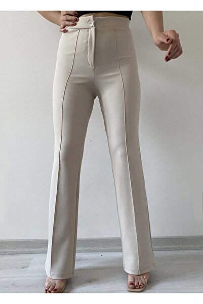 NEVEGE BUTİK Țesătură creponată damă Lycra Față Iarbă talie înaltă Palazzo Culottes-bej