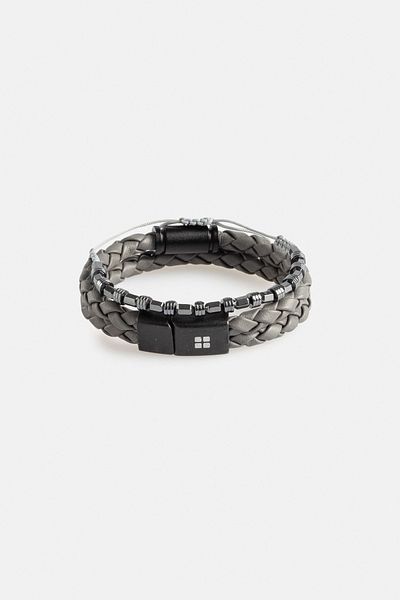 Avva Men's Gray Leather Look and Hematite Stone 2-Piece Bracelet A32y9606