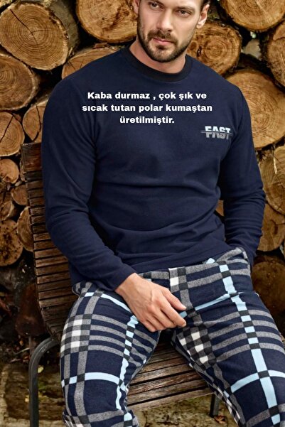 bigiyin Lacivert Erkek Polar Pijama Takım Polar Gecelik Kışlık Erkek Pijama Takımı