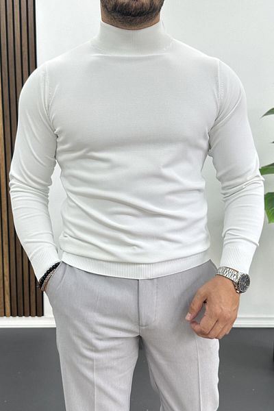 Edwox White Men's Turtleneck Sweater - Edw204