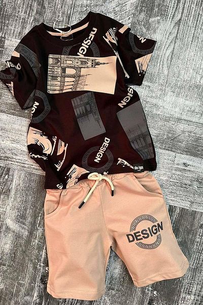 Riccotarz Boy's Design Text Printed Short Sleeve Black T-Shirt Set with Shorts