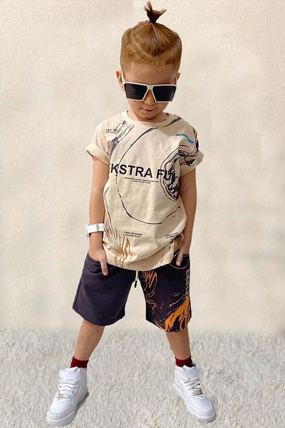 Riccotarz Boy's Extra Fun Text and Digital Printed T-Shirt Set with Black Shorts