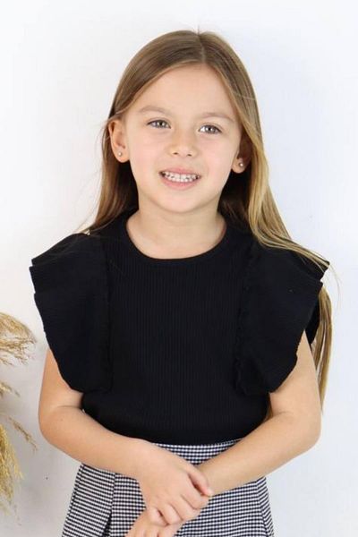 Riccotarz Girl's Black Blouse and Shorts Set - Ruffled Sleeves, Ribbed Fabric