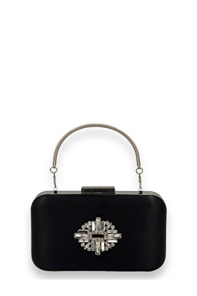 Wedding Fashion Geantă de seară din satin negru cu carcasă argintie și pietre...