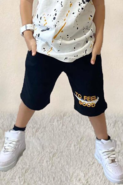 Riccotarz Boy's To Feel Text and Paint Patterned T-Shirt Set with Black Shorts