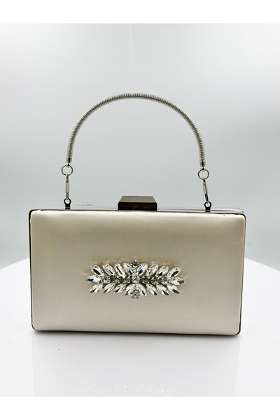 Wedding Fashion Geantă de seară din satin nud - cu carcasă argintie și strasu...