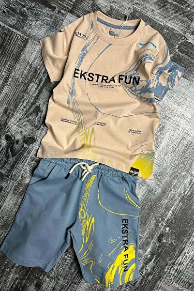 Riccotarz Boy's Extra Fun Text and Digital Printed T-Shirt Set with Blue Shorts