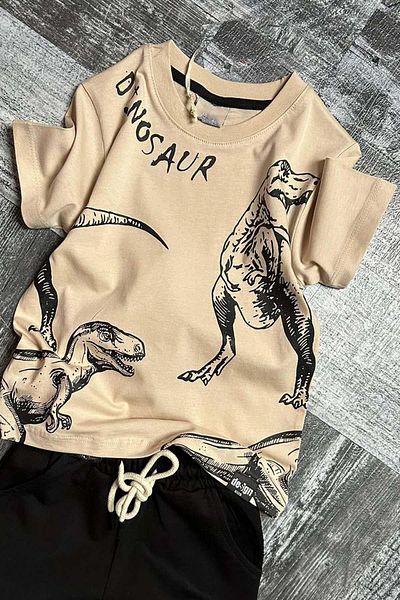 Riccotarz Set de tricou pentru băieți din dinozaur text și imprimat vizual Supreme Beige