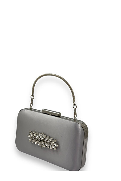 Wedding Fashion Geantă de seară gri din satin - cu carcasă argintie și mânere...