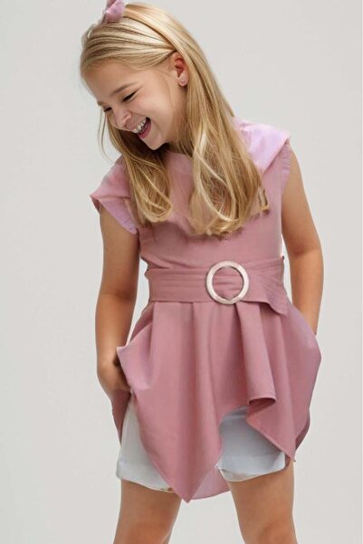 Riccotarz Girl's Crew Neck Belt Detailed Asymmetrical Cut Pink Shorts Suit