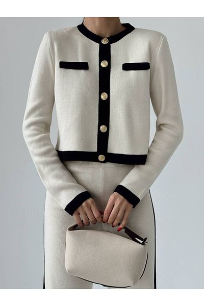 Lusin Women's Gold Button Detailed Cardigan Trousers Bottom Top Double Knitwear Set - White
