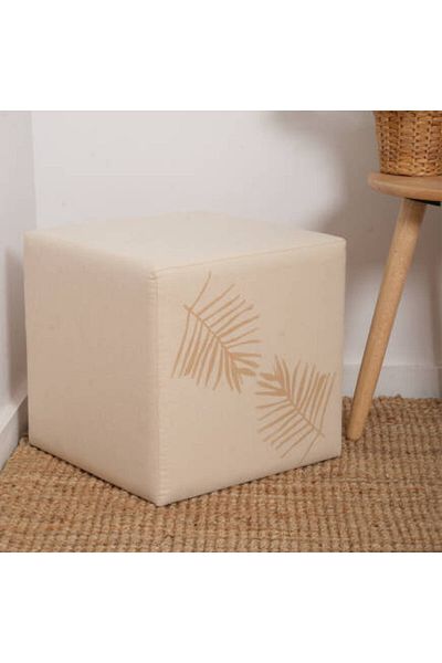 Adore Mobilya Beige/Leaf Printed Palm Pouf - 40x40x40 cm