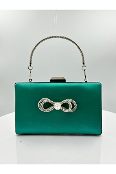 MidStore Green Color Satin Silver Case Silver Stone Evening Dress Bag Evening...