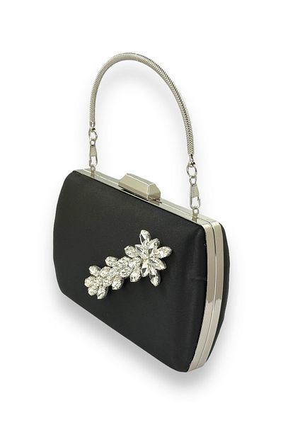Wedding Fashion Mâner din metal satinat de culoare neagră cu mâner, carcasă metalică din piatră argintie, geantă de seară, geantă de seară