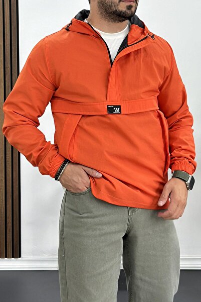 Edwox Men's Red Slim Fit Raincoat Coat - Crinkle Fabric, Kangaroo Pocket, Half Zipper Edw077