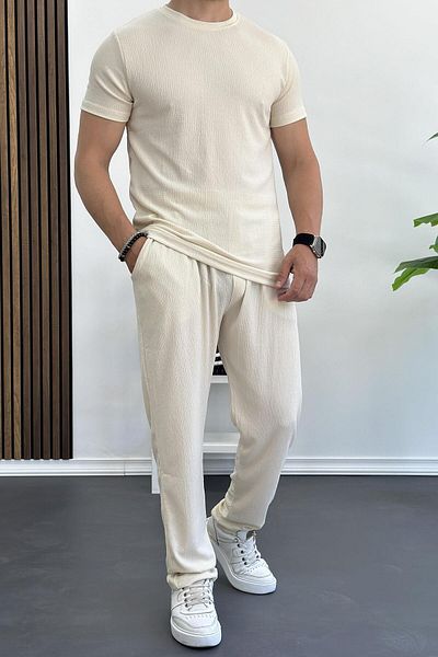 Edwox Men's Slim Fit T-Shirt Trousers Set Cream Edw079
