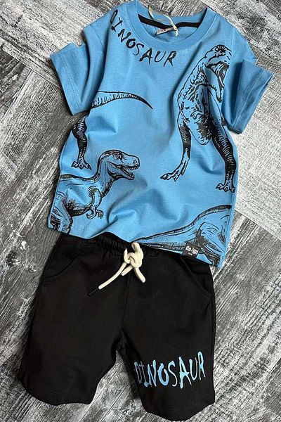 Riccotarz Set de pantaloni scurți de tricou Supreme Blue, cu text și imprimeu vizual din dinozaur pentru băiat