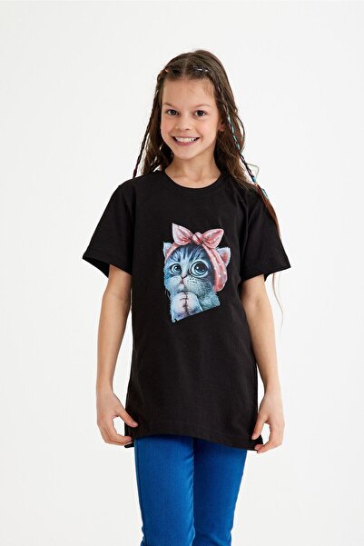 CC STORE Tricou pentru copii cu imprimeu Pink Ribbon Cat pentru 5 - 15 ani