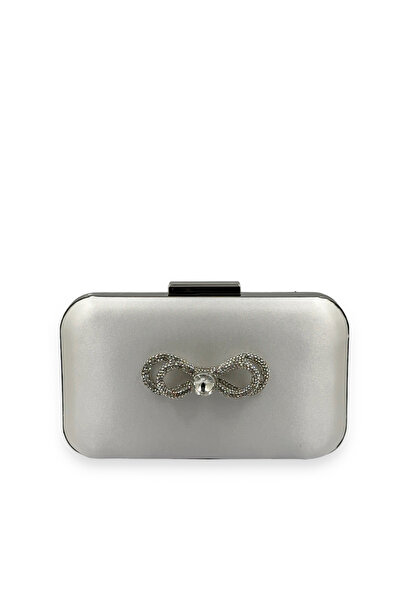 MidStore Ecru Color Satin Silver Case Silver Stone Evening Dress Bag Evening ...