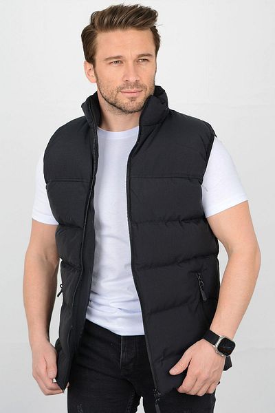 Edwox Men's Slim Fit Crinkle Fabric Puffer Vest Black Edw075