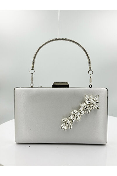 MidStore Ecru Color Satin Silver Case Silver Stone Evening Dress Bag Evening ...