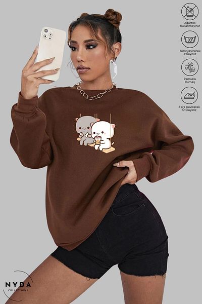Nyda Collections Unisex μακρυμάνικο Bubu Dudu Swing με στάμπα με λαιμόκοψη χωρίς κουκούλα Raster Oversize φούτερ