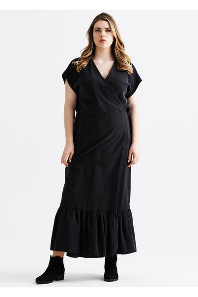 EVEN plus size فستان فيسكوز أسود مزدوج الصدر مقاس كبير