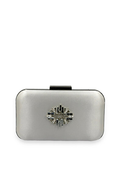MidStore Ecru Color Satin Silver Case Silver Stone Evening Bag Evening Bag We...