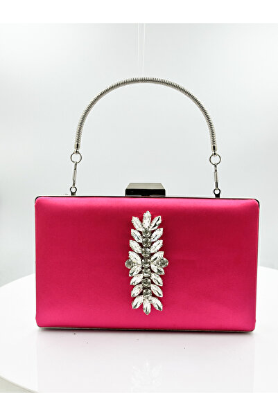 Generic Brand Fuchsia Color Satin Silver Case Silver Stone Evening Bag Evenin...