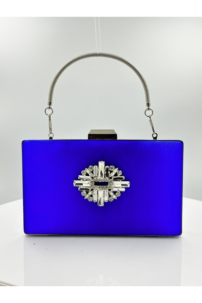 MidStore Cobalt Blue Colors Satin Silver Case Silver Stone Evening Dress Bag ...
