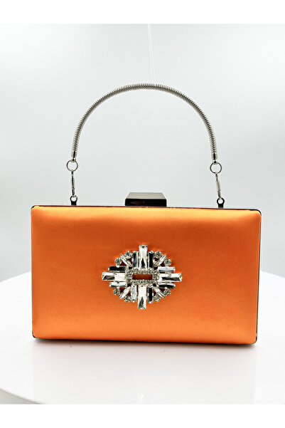 MidStore Orange Color Satin Silver Case Silver Stone Evening Dress Bag Evenin...