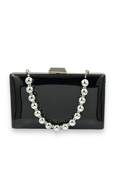 MidStore حقيبة سهرة باللون الأسود من الجلد اللامع مع مقبض لؤلؤي وحقيبة سهرة ل...