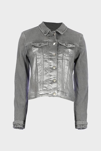 CROSS JEANS Gray Slim Fit Foil Coated Buttoned Pocket Jean Jacket C 4538-233
