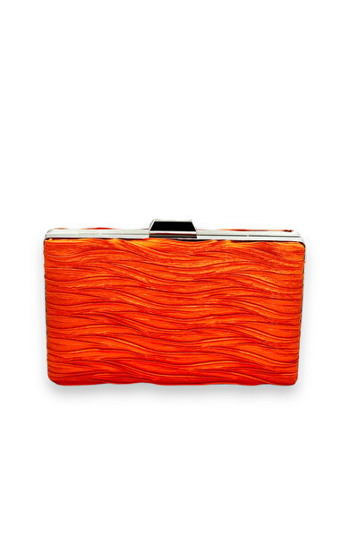 MidStore حقيبة سهرة من الساتان المطوي باللون البرتقالي مع مقبض معدني، حقيبة س...