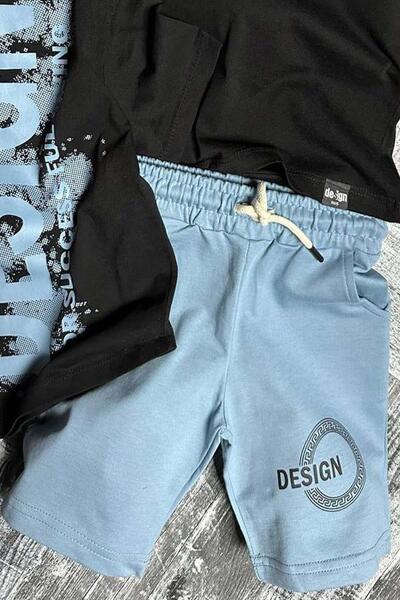 Riccotarz Boy's Design Double Print Crew Neck Blue Shorts Suit