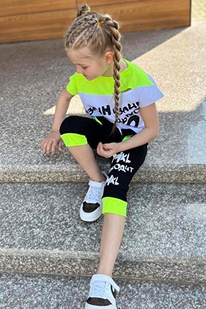 Riccotarz Girl's Text Printed Neon Yellow Capri Shorts Set