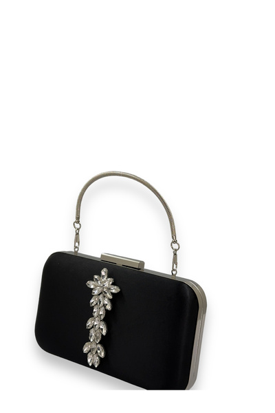 MidStore Black Color Satin Silver Case Silver Stone Handle Evening Dress Even...