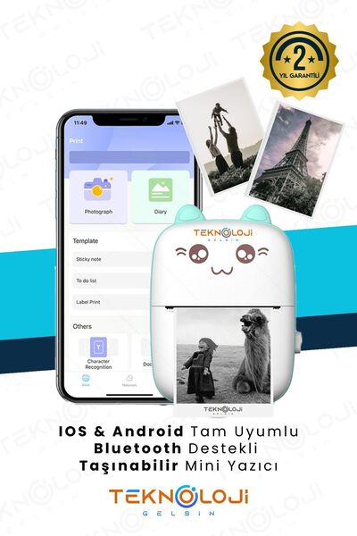 Teknoloji Gelsin Mini Cep Yazıcı Taşınabilir Bluetooth Kablosuz Şarjlı 6 Rulo 3 Kalem Seti Hediye Mavi Yazıcı