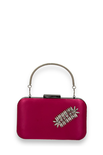 MidStore Fuchsia Color Satin Silver Case Silver Stone Handle Evening Dress Ev...