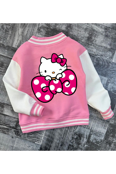 LUCKYPORT Hello Kitty Ön ve Sırt Baskılı Çocuk Kolları Beyaz Kolej Ceketi