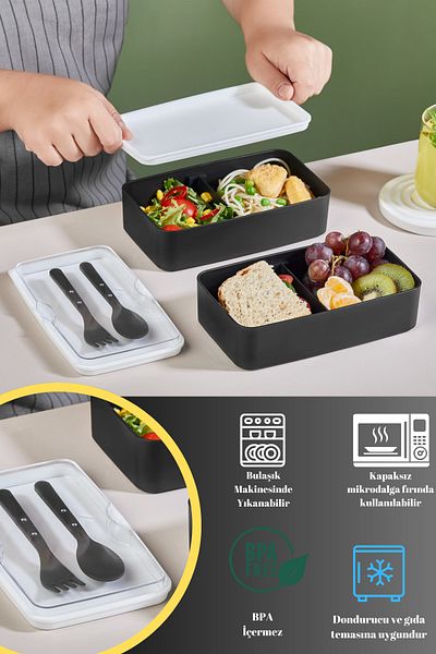 polo55.sport.1855 Adjustable Compartment - 2-Tier Black Lunch Box with Fork and Spoon