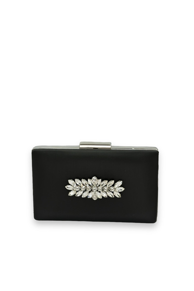 MidStore Black Color Non-Scratch Satin Silver Stone Evening Dress Bag