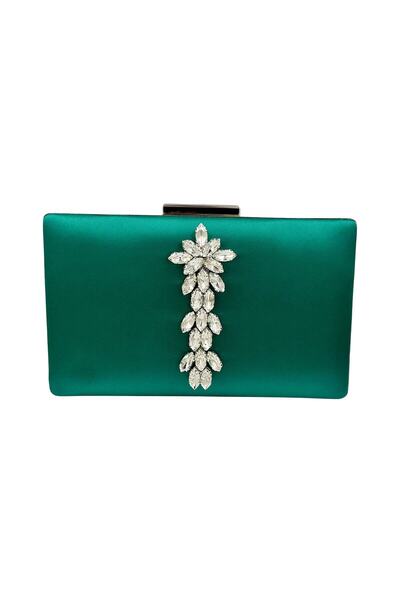 Generic Brand Green Satin Silver Colored Stone Evening Dress Bag Evening Bag